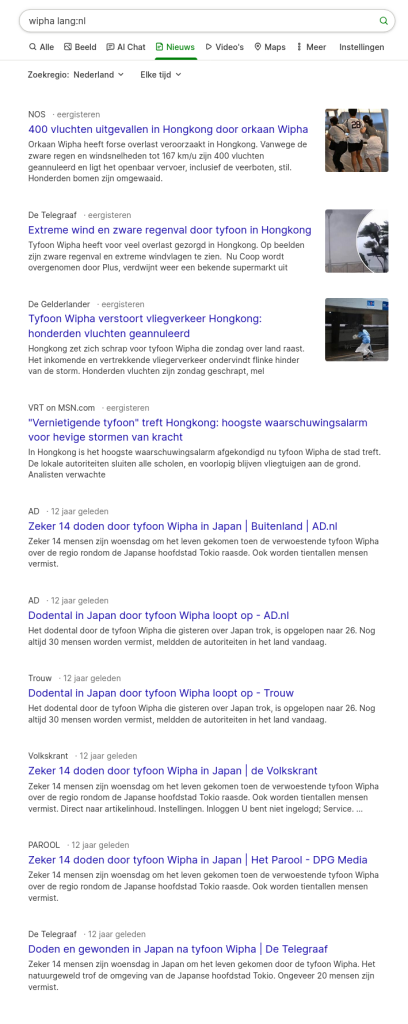 zoekresultaten op storm Wipha. Alle nieuwsmedia noemen het een tyfoon, alleen de NOS blijft stug orkaan schrijven.
